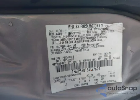 2006 Ford Taurus Sel из США, поврежденный, VIN 1FAFP56U16A197699